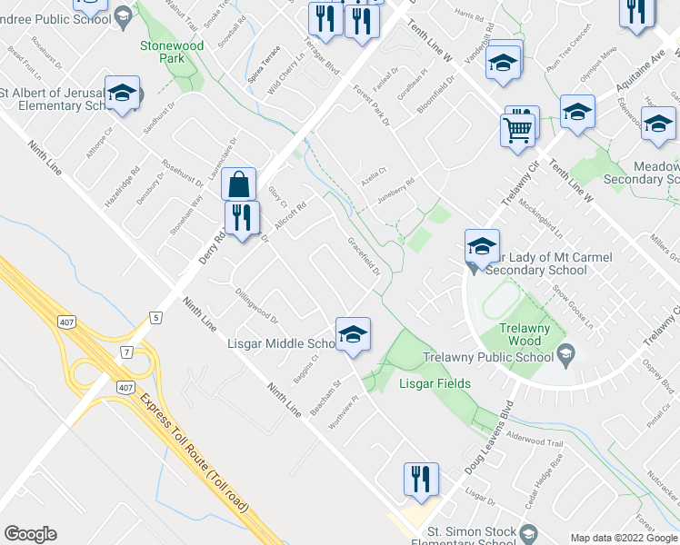 map of restaurants, bars, coffee shops, grocery stores, and more near 6706 Bansbridge Crescent in Mississauga