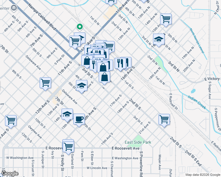 map of restaurants, bars, coffee shops, grocery stores, and more near 215 16th Avenue South in Nampa