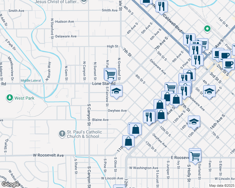 map of restaurants, bars, coffee shops, grocery stores, and more near 123 Elmore Avenue in Nampa