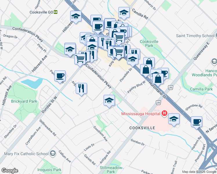 map of restaurants, bars, coffee shops, grocery stores, and more near 124 Dunbar Road in Mississauga