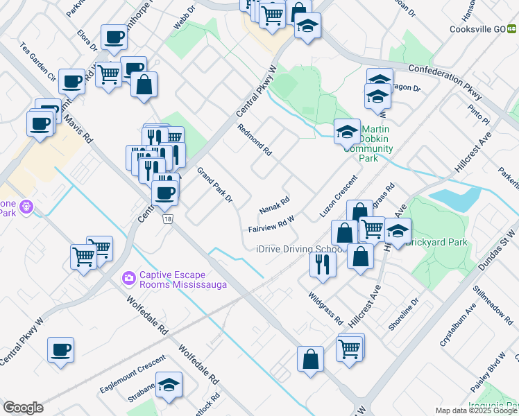 map of restaurants, bars, coffee shops, grocery stores, and more near 585 Nanak Road in Mississauga