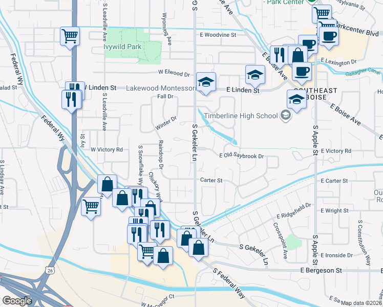map of restaurants, bars, coffee shops, grocery stores, and more near 3001 South Gekeler Lane in Boise