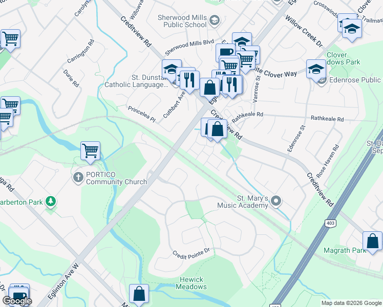 map of restaurants, bars, coffee shops, grocery stores, and more near 1591 South Parade Court in Mississauga