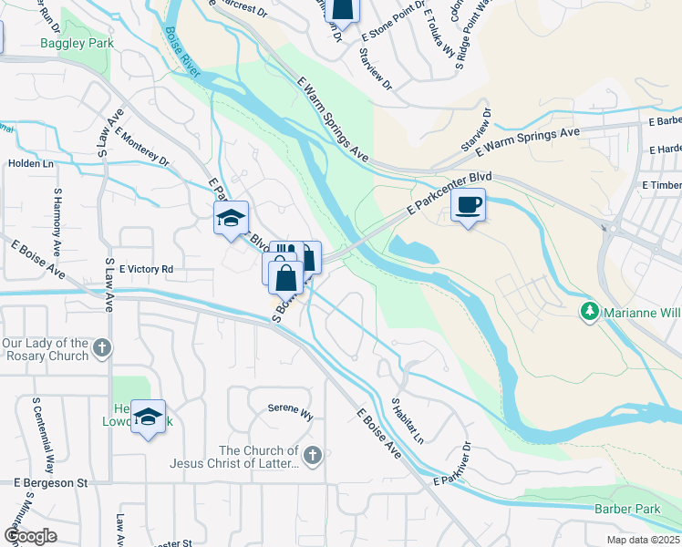 map of restaurants, bars, coffee shops, grocery stores, and more near 3020 South Rookery Lane in Boise