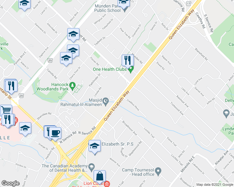 map of restaurants, bars, coffee shops, grocery stores, and more near 275 North Service Road in Mississauga