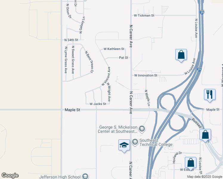 map of restaurants, bars, coffee shops, grocery stores, and more near 2604 North Wright Avenue in Sioux Falls