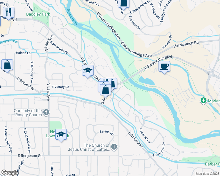 map of restaurants, bars, coffee shops, grocery stores, and more near 3047 South Bown Way in Boise