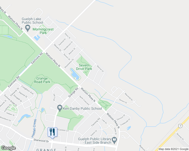 map of restaurants, bars, coffee shops, grocery stores, and more near 16 Sandcreek Lane in Guelph