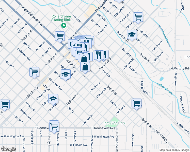 map of restaurants, bars, coffee shops, grocery stores, and more near 1604 2nd Street South in Nampa