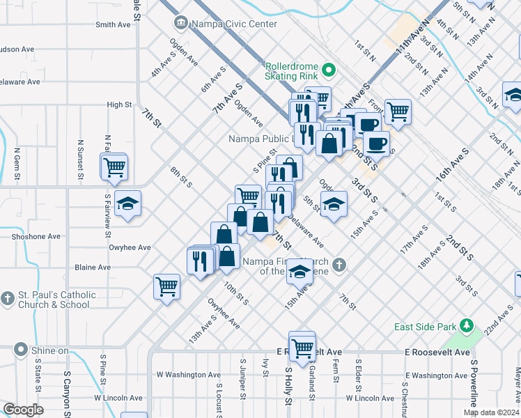 map of restaurants, bars, coffee shops, grocery stores, and more near 715 12th Avenue South in Nampa