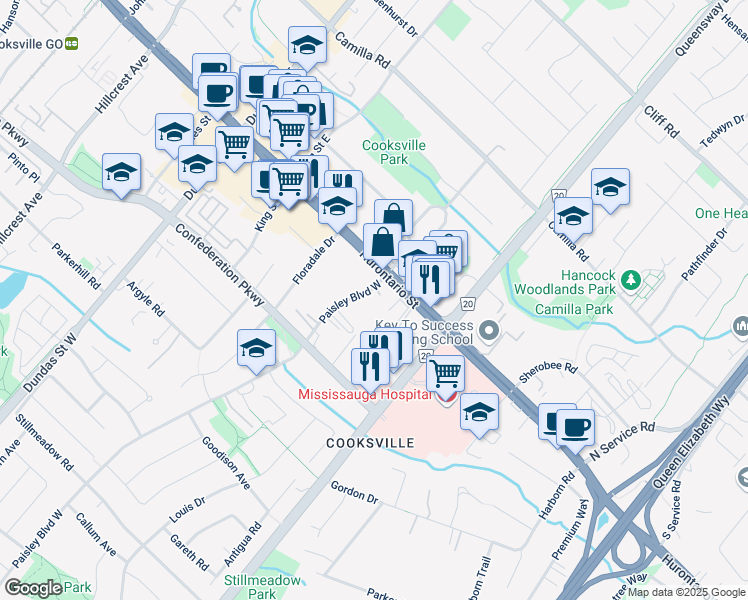 map of restaurants, bars, coffee shops, grocery stores, and more near in Mississauga