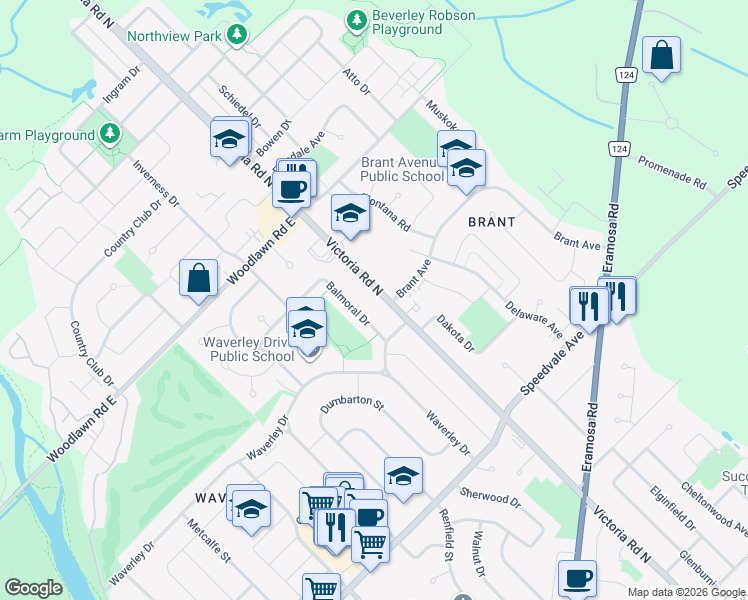 map of restaurants, bars, coffee shops, grocery stores, and more near 368 Victoria Road North in Guelph