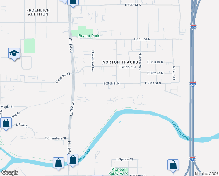 map of restaurants, bars, coffee shops, grocery stores, and more near N Islay Pl in Sioux Falls