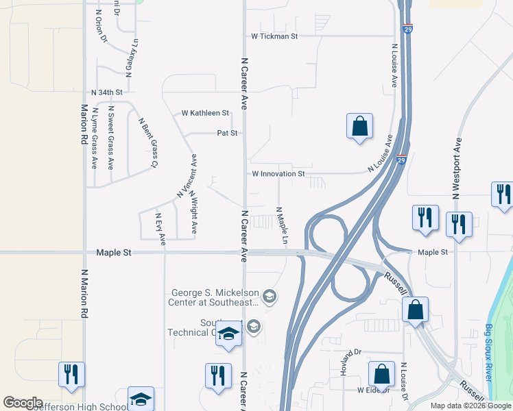 map of restaurants, bars, coffee shops, grocery stores, and more near 2608 North Career Avenue in Sioux Falls