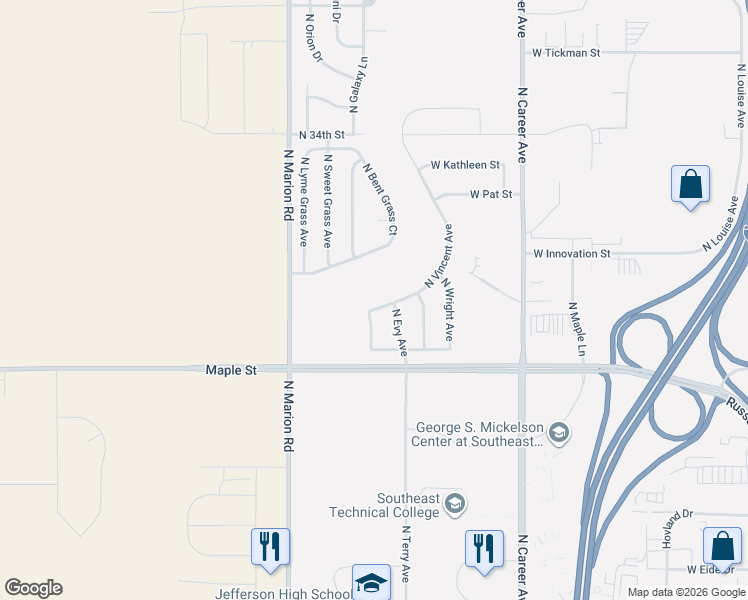 map of restaurants, bars, coffee shops, grocery stores, and more near 2505 North Vincent Avenue in Sioux Falls