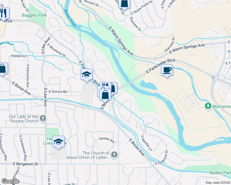 map of restaurants, bars, coffee shops, grocery stores, and more near 3047 South Bown Way in Boise