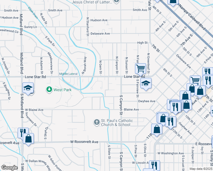 map of restaurants, bars, coffee shops, grocery stores, and more near 15 South State Street in Nampa