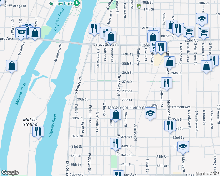 map of restaurants, bars, coffee shops, grocery stores, and more near 818 Marsac Street in Bay City
