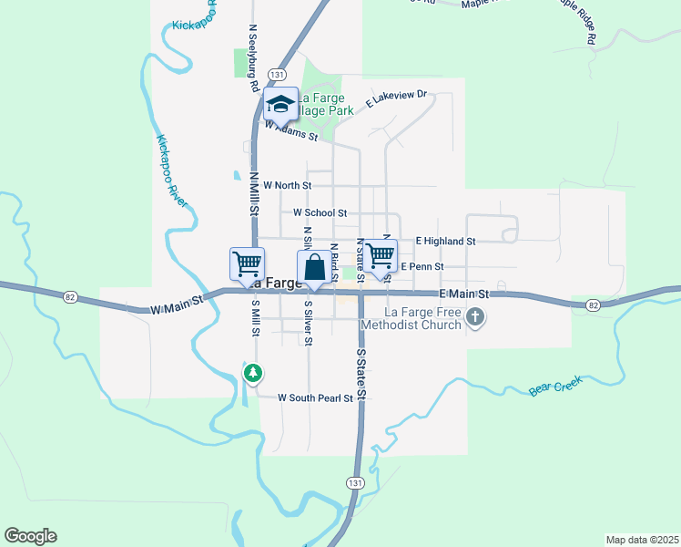 map of restaurants, bars, coffee shops, grocery stores, and more near 118 North Bird Street in La Farge