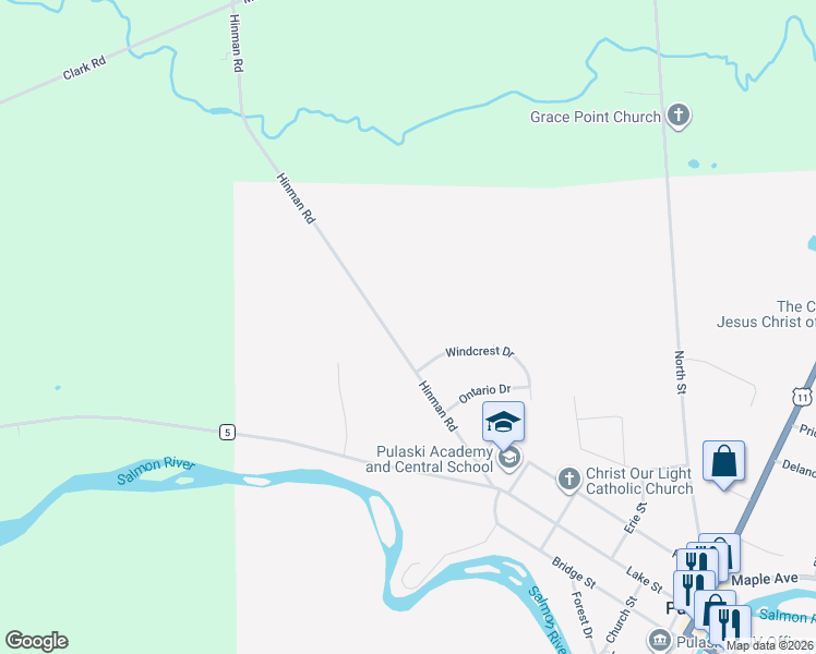 map of restaurants, bars, coffee shops, grocery stores, and more near 76 Hinman Road in Pulaski