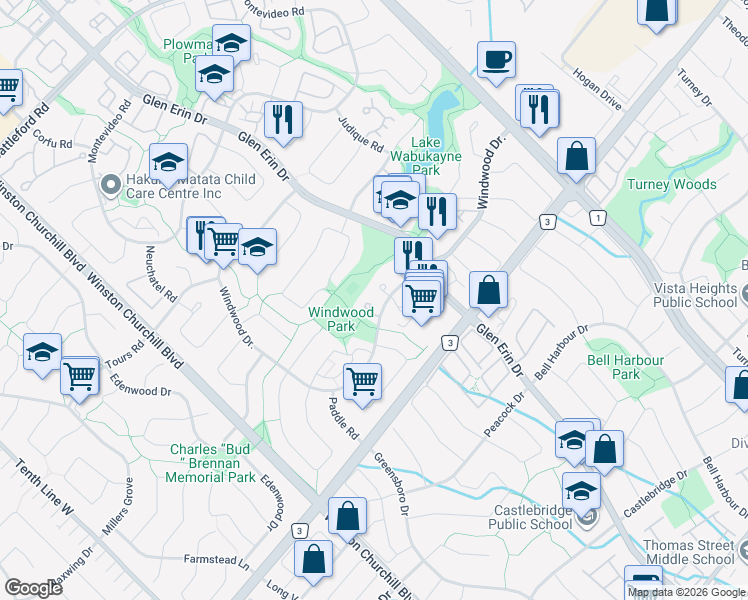map of restaurants, bars, coffee shops, grocery stores, and more near 2755 Windwood Drive in Mississauga