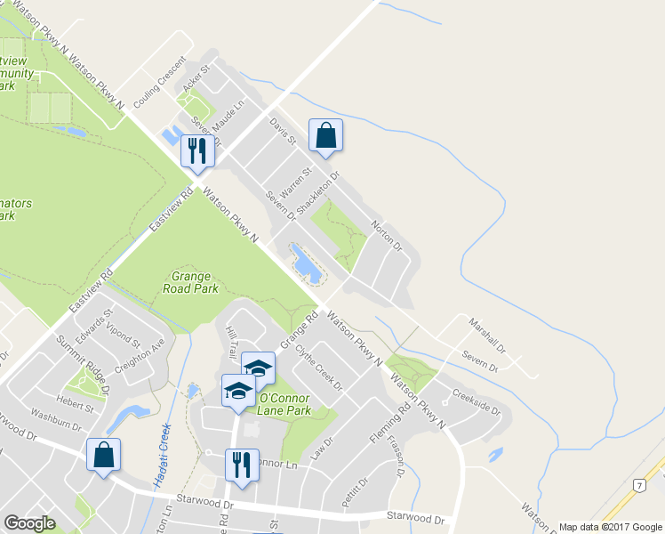 map of restaurants, bars, coffee shops, grocery stores, and more near 122 Severn Drive in Guelph