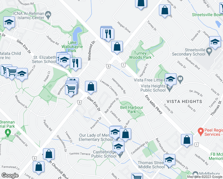 map of restaurants, bars, coffee shops, grocery stores, and more near 6105 Leeside Crescent in Mississauga