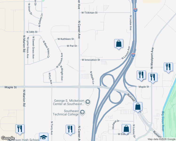 map of restaurants, bars, coffee shops, grocery stores, and more near 2608 North Career Avenue in Sioux Falls