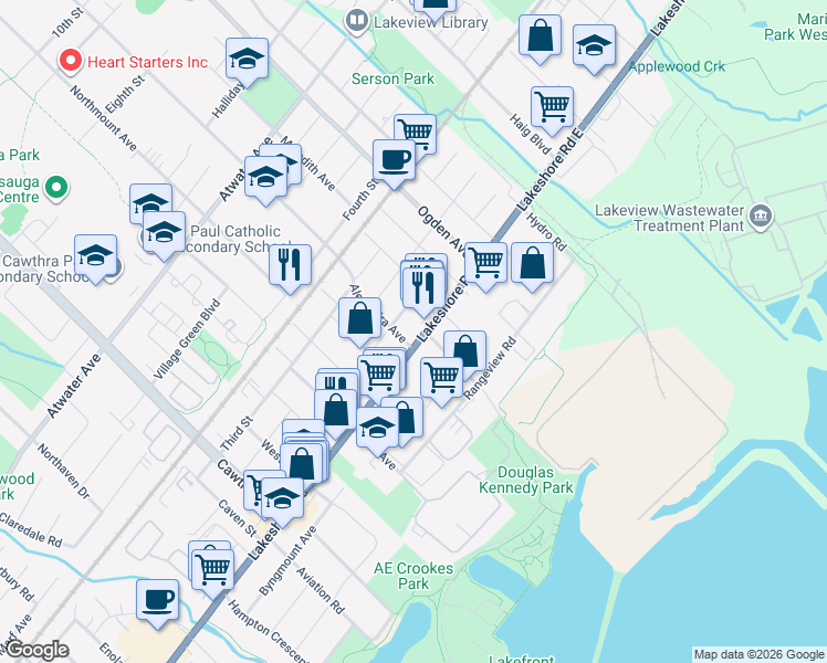 map of restaurants, bars, coffee shops, grocery stores, and more near in Mississauga