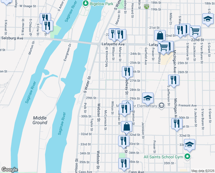 map of restaurants, bars, coffee shops, grocery stores, and more near 609 McCormick Street in Bay City