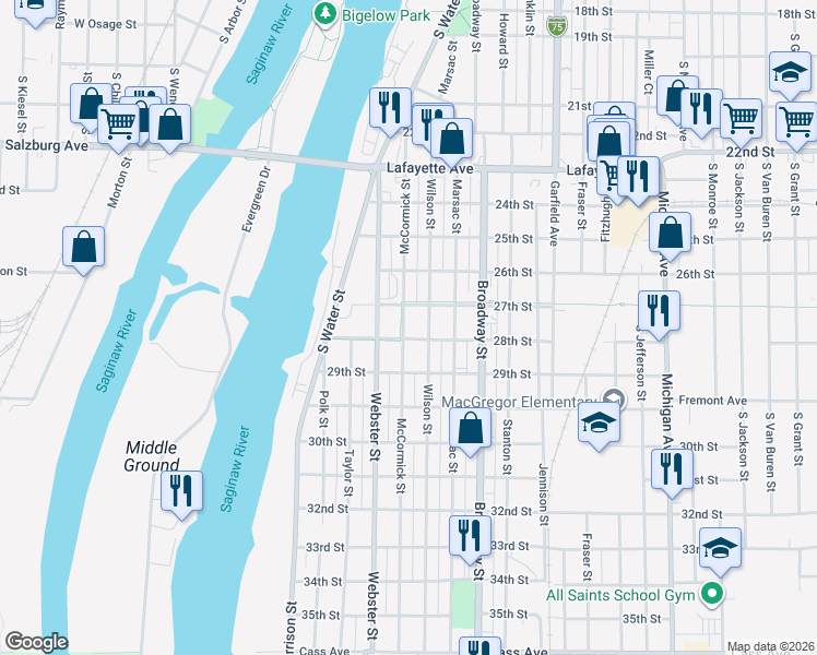 map of restaurants, bars, coffee shops, grocery stores, and more near 609 McCormick Street in Bay City