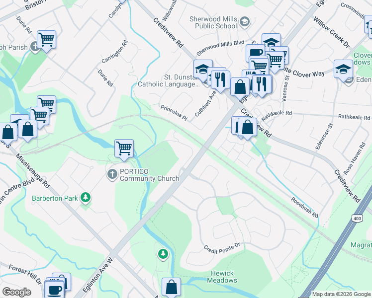 map of restaurants, bars, coffee shops, grocery stores, and more near 1603 Barbertown Road in Mississauga