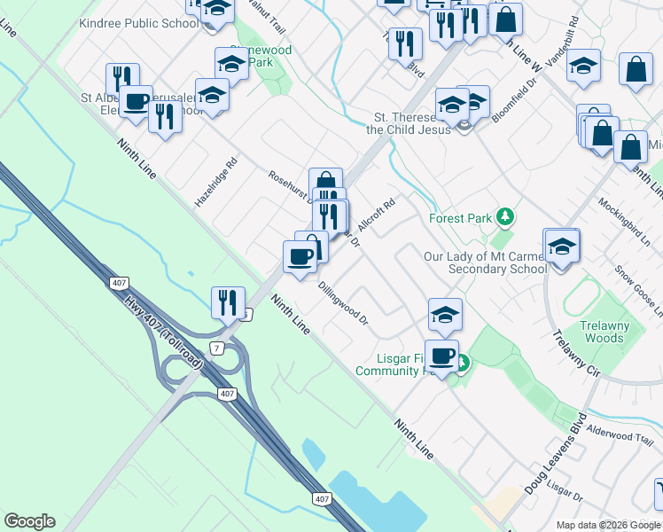 map of restaurants, bars, coffee shops, grocery stores, and more near 6907 Dillingwood Drive in Mississauga