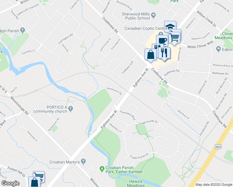 map of restaurants, bars, coffee shops, grocery stores, and more near 1632 Barbertown Road in Mississauga
