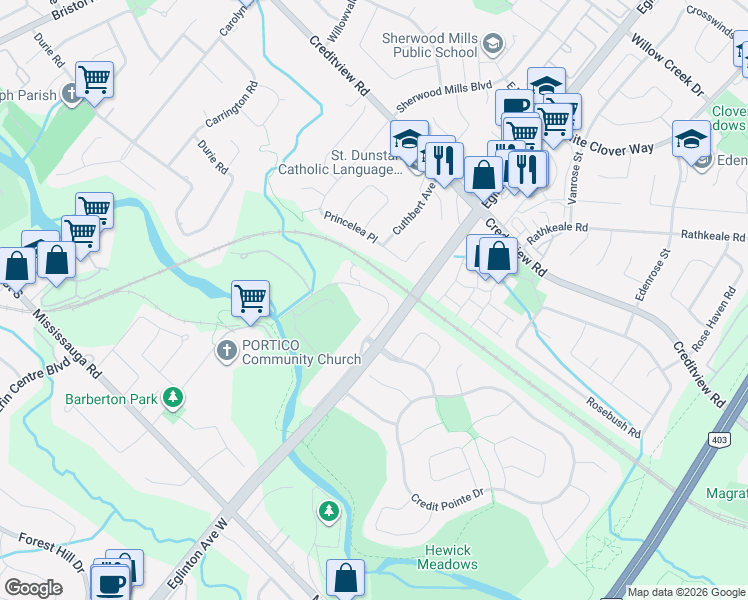 map of restaurants, bars, coffee shops, grocery stores, and more near 1632 Barbertown Road in Mississauga