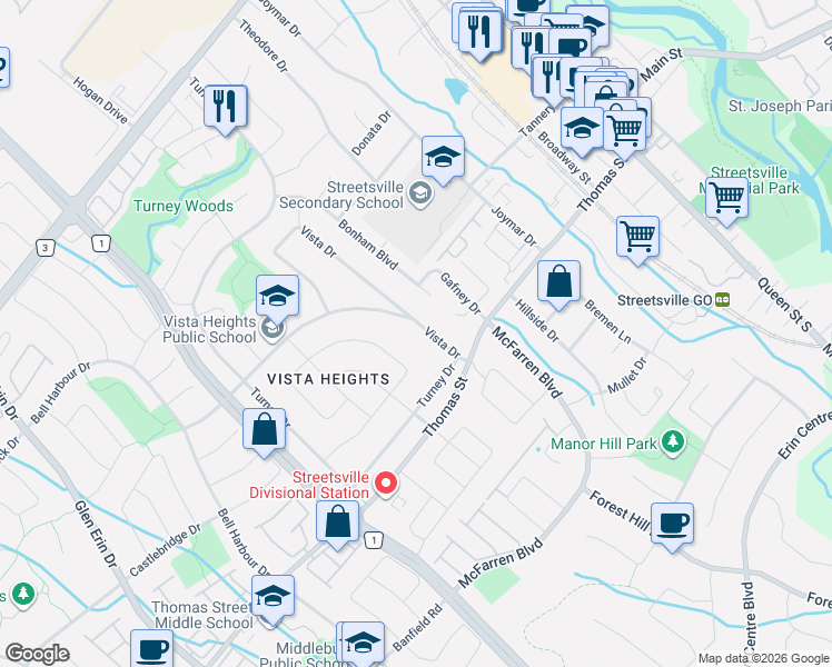 map of restaurants, bars, coffee shops, grocery stores, and more near 132 Vista Boulevard in Mississauga