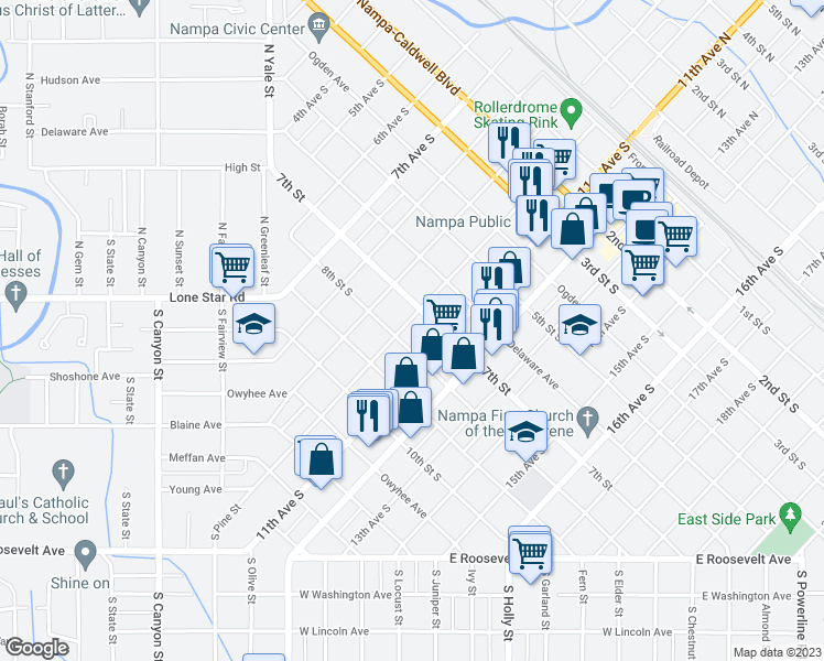 map of restaurants, bars, coffee shops, grocery stores, and more near 716 10th Avenue South in Nampa