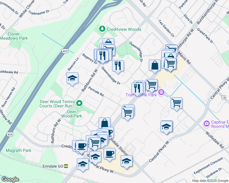 map of restaurants, bars, coffee shops, grocery stores, and more near 4075 Teakwood Drive in Mississauga
