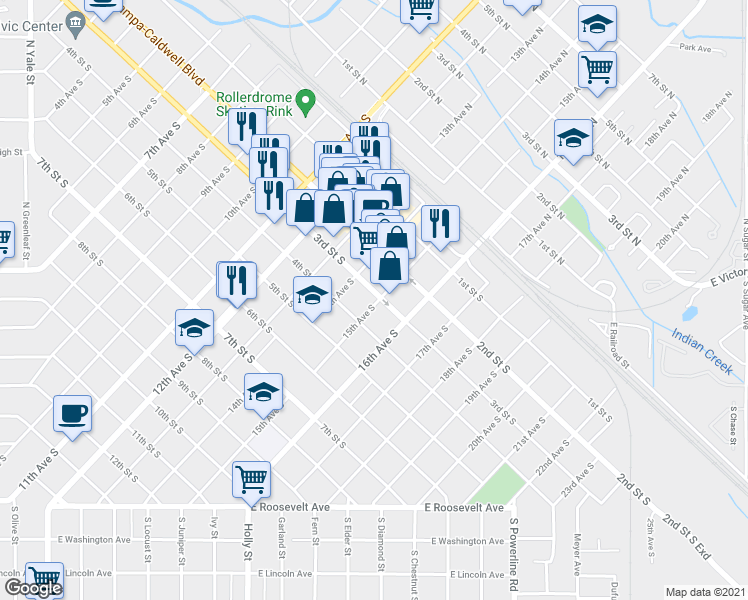 map of restaurants, bars, coffee shops, grocery stores, and more near 1417 3rd Street South in Nampa