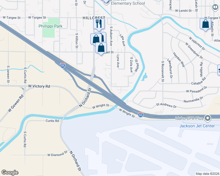map of restaurants, bars, coffee shops, grocery stores, and more near 4805 West Victory Road in Boise