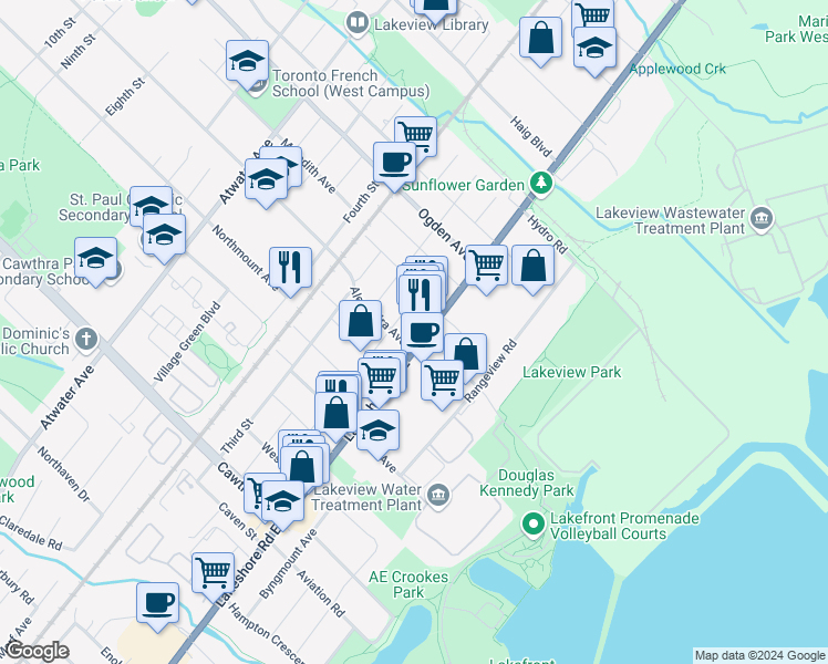 map of restaurants, bars, coffee shops, grocery stores, and more near in Mississauga