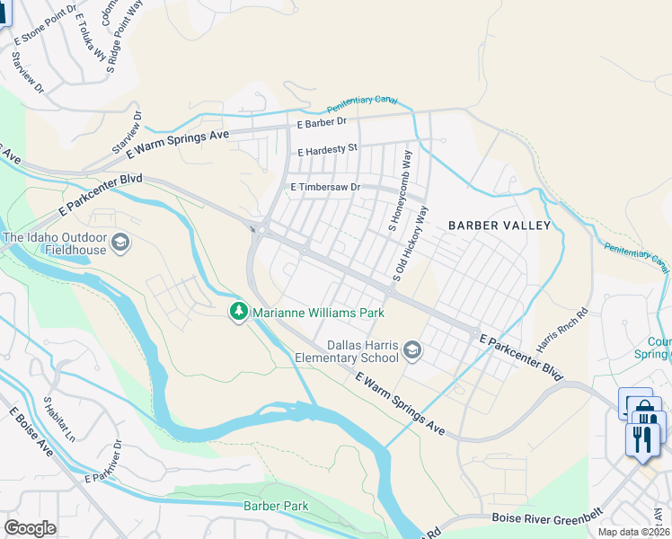 map of restaurants, bars, coffee shops, grocery stores, and more near 3865 East Parkcenter Boulevard in Boise