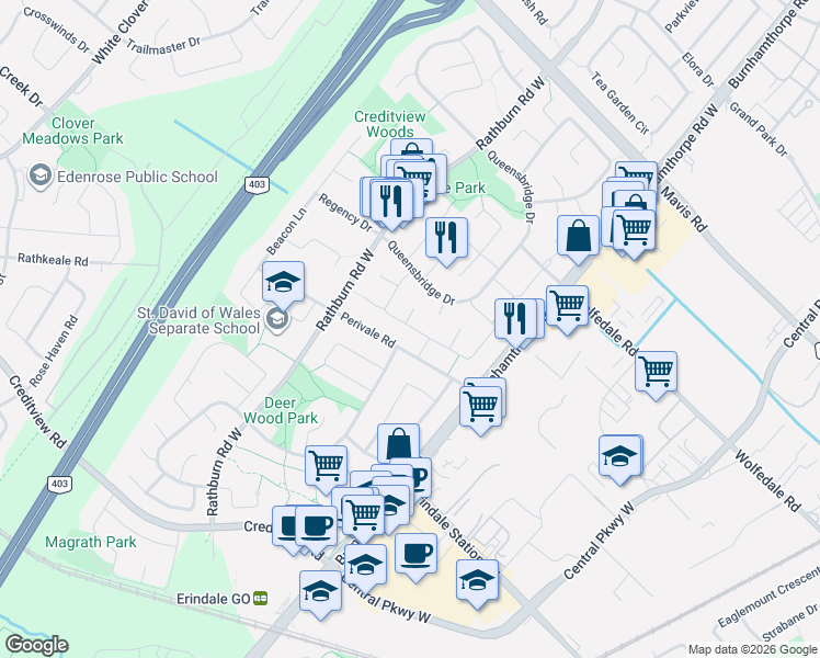 map of restaurants, bars, coffee shops, grocery stores, and more near 4094 Teakwood Drive in Mississauga