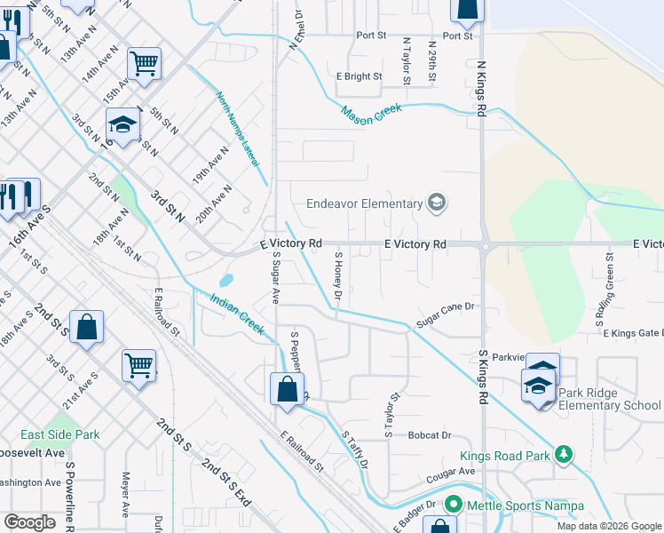 map of restaurants, bars, coffee shops, grocery stores, and more near 9 South Honey Drive in Nampa