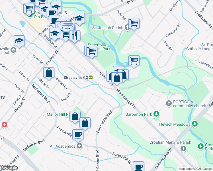 map of restaurants, bars, coffee shops, grocery stores, and more near 362 A Queen Street South in Mississauga