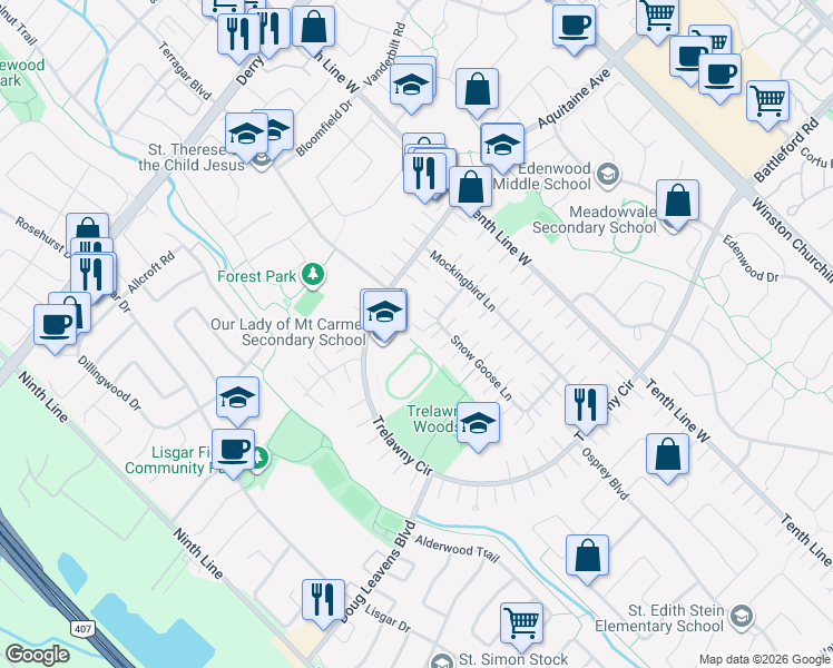 map of restaurants, bars, coffee shops, grocery stores, and more near 6722 Snow Goose Lane in Mississauga