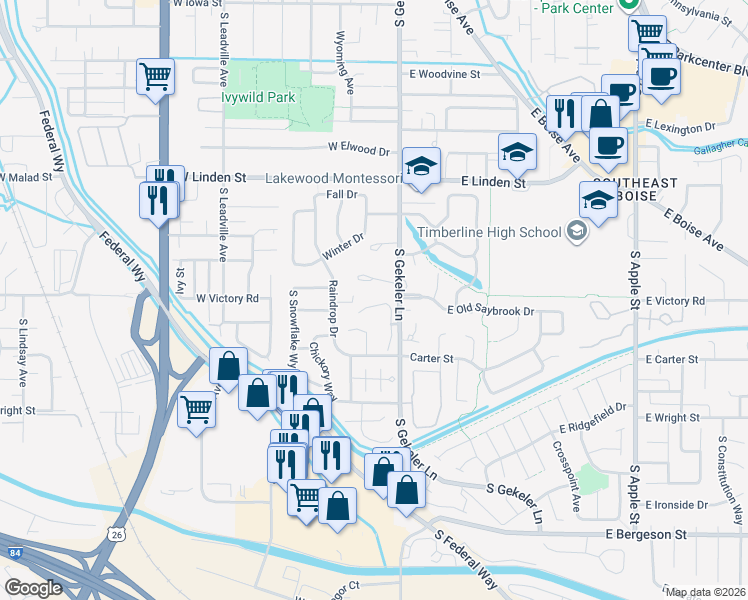 map of restaurants, bars, coffee shops, grocery stores, and more near 3001 South Gekeler Lane in Boise