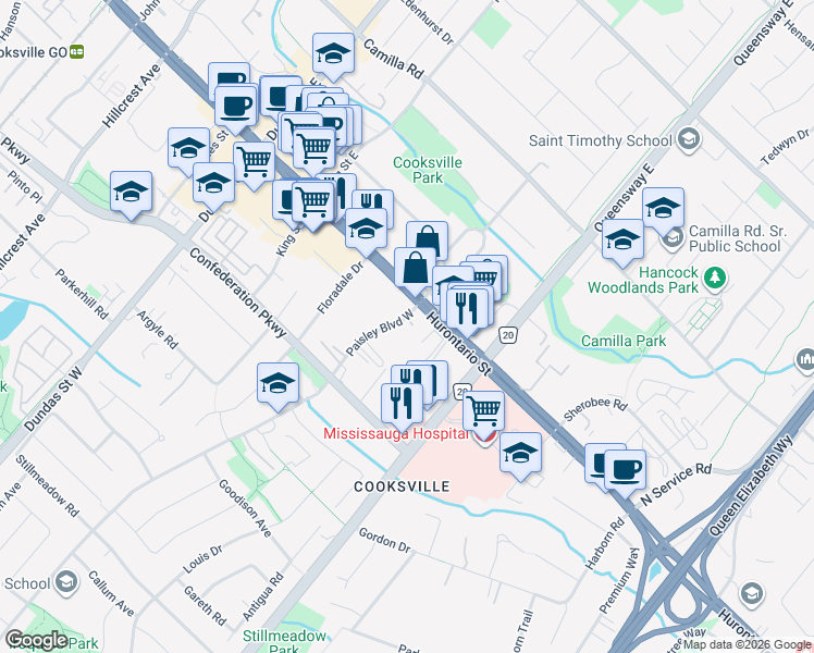 map of restaurants, bars, coffee shops, grocery stores, and more near 20 Paisley Boulevard West in Mississauga