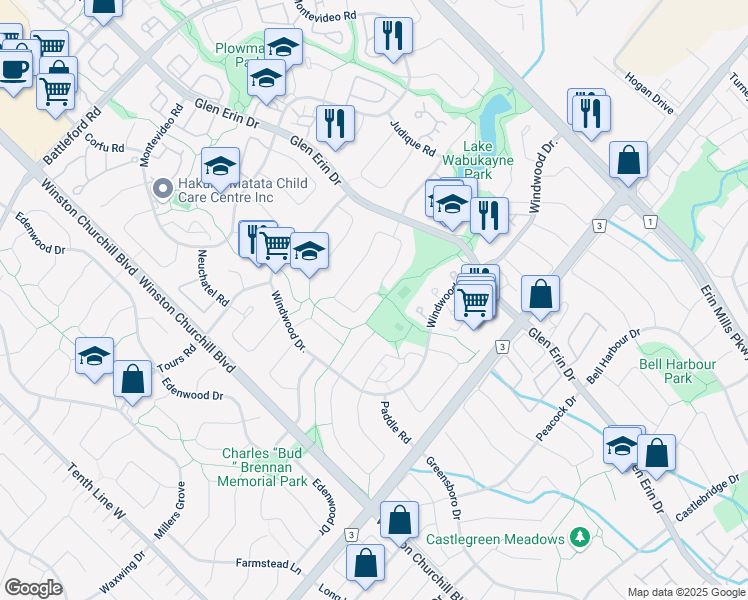 map of restaurants, bars, coffee shops, grocery stores, and more near 2907 Inlake Court in Mississauga