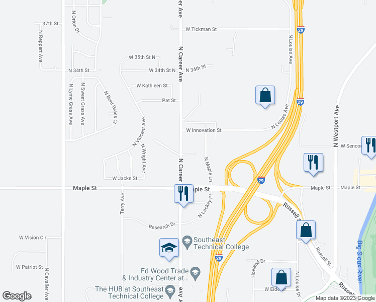 map of restaurants, bars, coffee shops, grocery stores, and more near 2608 North Career Avenue in Sioux Falls